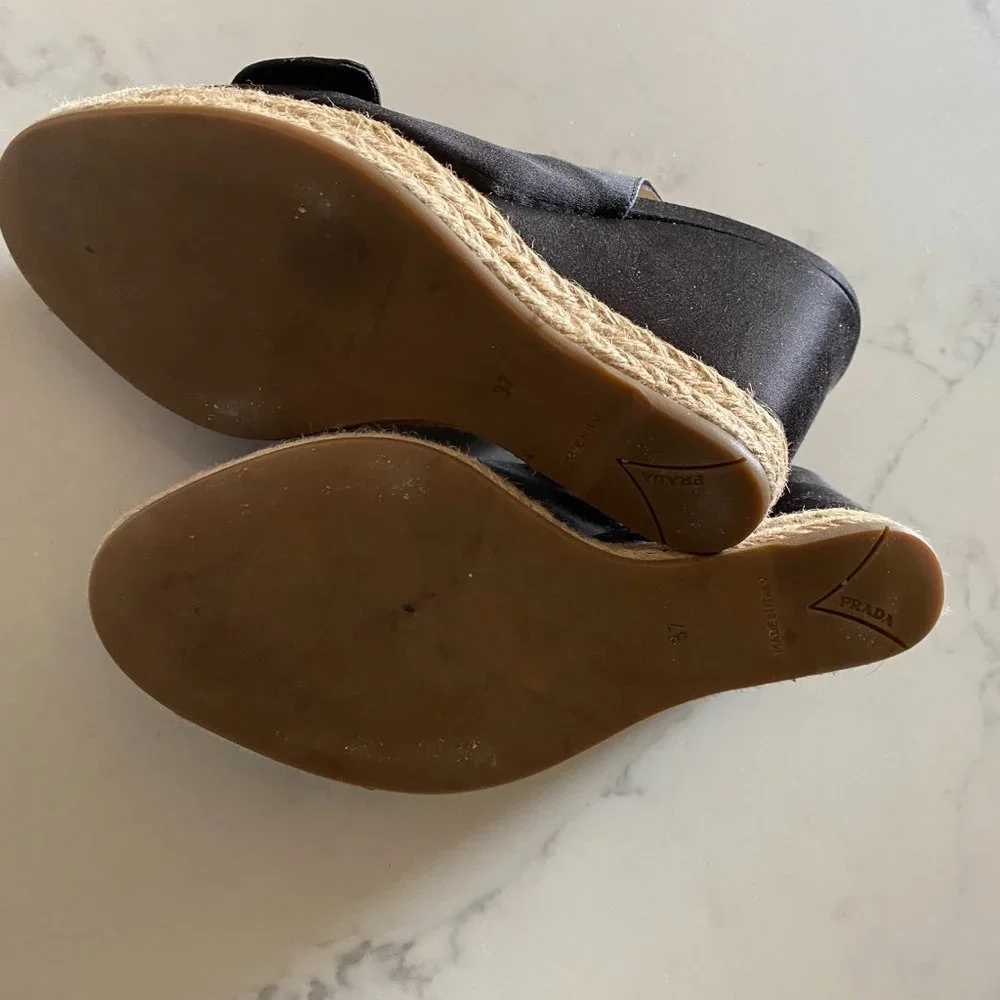 prada satin wedge peep toe espadrilles w/ rosette